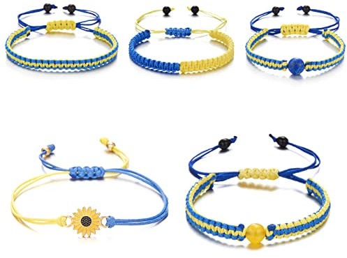 Luvadeyo 5-teilige verstellbare geflochtene Bracelets Set in Blau und Gelb - Handmade String Bracelet mit Frieden und Sonnenblume Design - Unisex, Braided