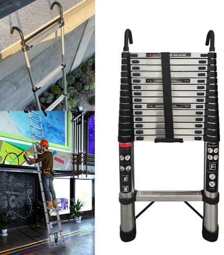 4,4m Edelstahl Teleskopleiter mit 2 Haken, rutschfest Ausziehleiter Dachbodenleiter Anlegeleiter, 14 Sprossen,Leicht zu Tragen, 150kg Tragkraft