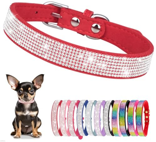 Hundehalsband Kleine Hunde, Halsband Welpe Mit Strass Perlen Glitzer Kristall Steine MäDchen Halsband Katze HüNdin Strasssteinen,Rot XS