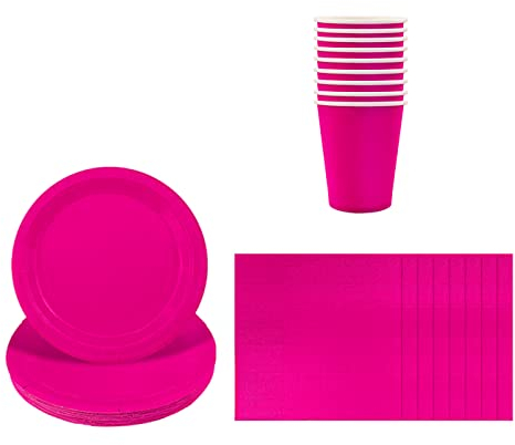 Solid Color Hot Pink Tableware Set Decor,20 Paper Napkins 16 Paper Cups 16 Paper Plates in Rose Red,Disposable Paper Tableware Birthday Decorations for Him,Her,Men,Women,Adults Party,Kids Party