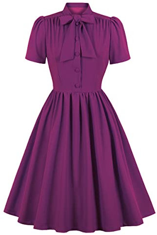 Donna Anni '50 Abito da Cocktail retrò Vintage Manica Corta A Pois Rockabilly Swing Vestito Elegante Abito da Sposa Sera Vestito al Ginocchio Pieghe Gonna Viola M