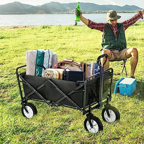 HoZeYo Bollerwagen Faltbar mit Getränkehalter aus Mesh/Verstellbare Griffe, Draussen Camping Gartenwagen mit 360°-Rotation des Vorderrads-Schwarz