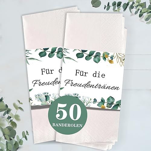 50x Freudentränen Hochzeit Taschentücher Banderolen | Eukalyptus Vintage Boho Design | Hochzeitsdekoration | Hochzeitsgastgeschenke