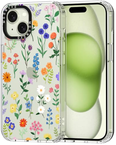 MOSNOVO für iPhone 15 Hülle – Durchsichtige, schlanke, stoßfeste TPU+PC-Handyhülle, [6,6 Fuß Fallschutz/Anti-Abziehen] - Botanische Blumen