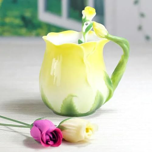 RAEF 1 Set di Tazze da caffè in Ceramica Creative 3D a Forma di Fiore di Rosa, Tazze da Latte per Colazione Creative con Cucchiaio