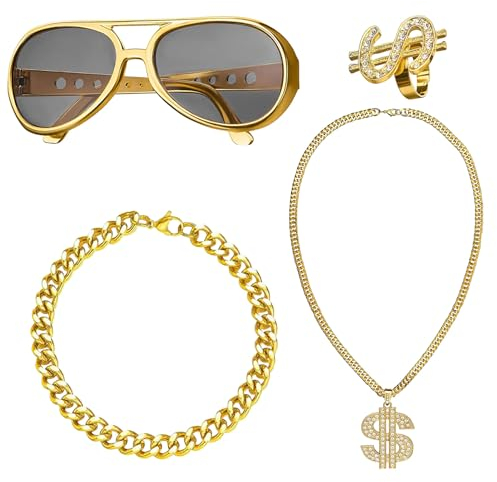 Dollar Kette Set, 4 Stück Hip Hop Kostüm Kit, Dollar Zeichen Goldkette kit, Goldene Halskette, Armband, Ring und Brille80s/90s Rapper Accessories, für Fasching Karneval Party Zubehör