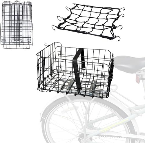 MEGHNA Panier de vélo arrière avec filet à bagages - Panier en métal pliable pour vélos