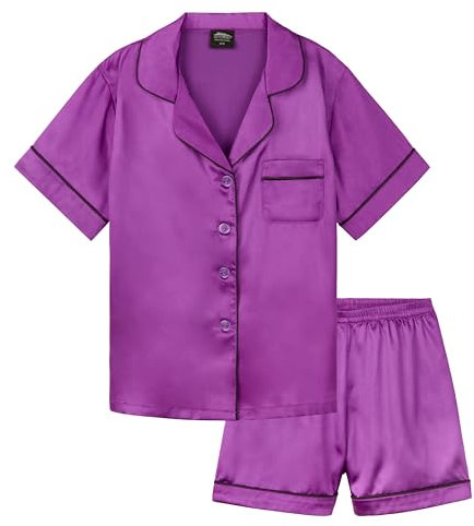 CityComfort Pigiama Bambina Corto Pigiami Estivi Ragazza Set Pigiami Raso 2 Pezzi Camicia con Bottoni Abbigliamento da Casa Traspirante Idea Regalo (15-16 Anni, Viola)