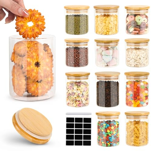 Cinnani 12x Vorratsdosen aus Glas mit Bambusdeckel,Glasbehälter,Vorratsdosen Glas luftdicht aus Bambus,Vorratsgläser Mit Deckel,Vorratsgläser Mit Holzdeckel zur Spaghetti Aufbewahrung