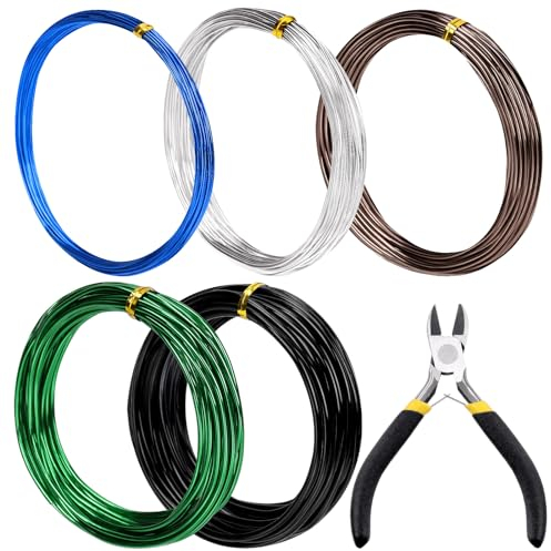 Tanstic 6Pcs Bonsai Training Draht Kit, 0.8mm, 1mm, 1.5mm, 2mm, 3mm 82 Fuß Gesamt Aluminium Bonsai Drähte mit Drahtschneider für Bonsai Bäume Indoor (16.4 Füße für jede Rolle)