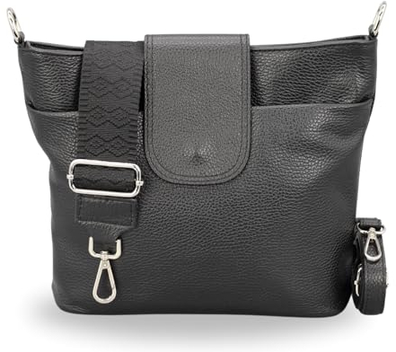 BRISE Umhängetasche Damen Echtes Leder ELLIE Handgemachte Crossbody Bag mit Ledergurt + Optionalen Breiten Gemusterten Riemen 6 Fächer Wasserdichte Schultertasche Made in Italy (Schwarz - 4)