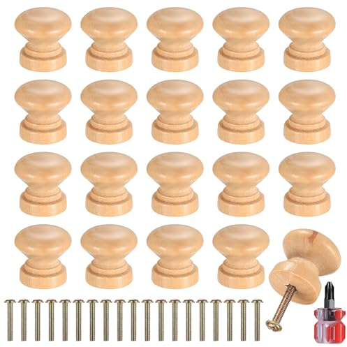 Heozhuyi 20 Pcs Wooden Door Knobs Handles, 29mm Wooden Round Kitchen Furniture Drawer Cupboard Wardrobe Cabinet Door Pulls Knobs Handles, with Screws and Mini Screwdriver (29X28MM)