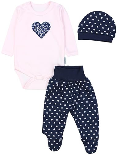 TupTam Baby Mädchen Jungen Bekleidungsset Langarmbody Hose Mütze mit Aufdruck Spruch 3 teilig, Farbe: Herzen Rosa Dunkelgrau, Größe: 56