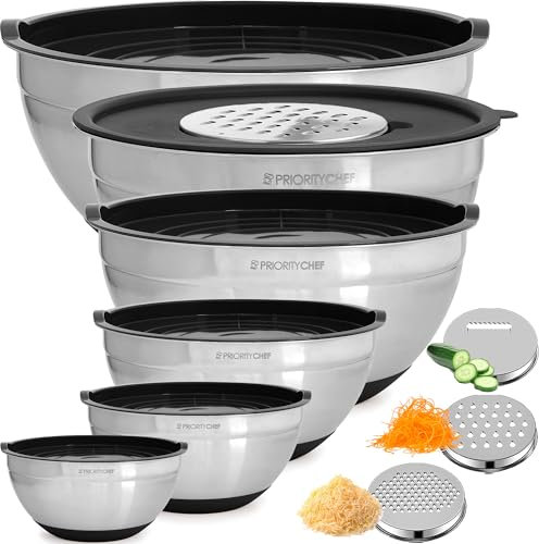 Priority Chef 6Pc Large Mixing Bowls with Lids Set with Non-Slip Bases, Stainless Steel Mixing Bowl Set, 6 Airtight Lids and 3 Graters, Black