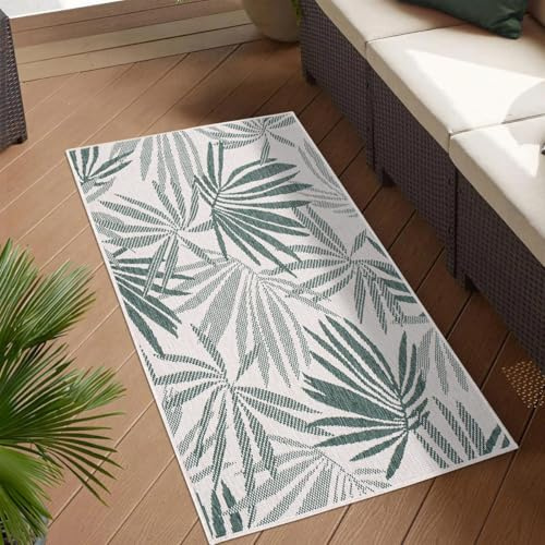 carpet city Outdoor Teppich Wetterfest 80x150 cm - Creme-Grün - Wendeteppich, Beidseitiges Florales Muster - Balkonteppich Wasserfest Outdoor - Terrassenteppich