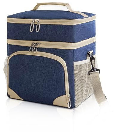 MzGro Insulated Large Cooler Bag, Portable Foldable Leekproof Thermal Lunch Bag, Double Decker Drinks Food Cool Bag for Work, School, Outdoor, Picnic, Travel, Camping (Blue, Large)