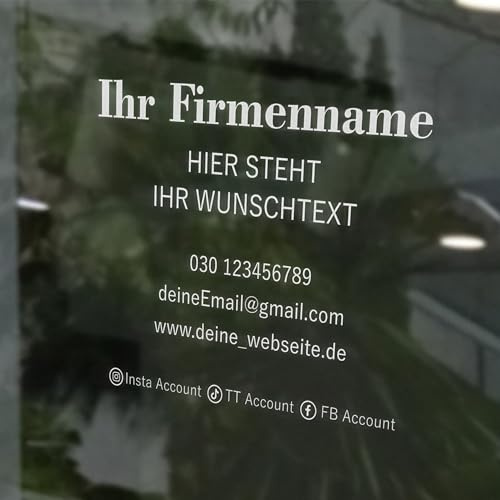 INDIGOS UG - Aufkleber selbst gestalten - Schaufensteraufkleber personalisiert - Firmenname, Daten - 200 cm - Fensterfolie blickdicht - Firma, Einzelhandel, Büro - Schaufensterbeschriftung - Werbung