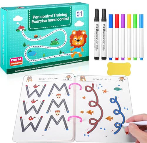 VICDUEKG Magische Übungshefte, Wiederverwendbares Vorschule Handschrift Nachziehen Heft ab 3-5 Junge & Mädchen, 64 Seite Magisches Heft für Buchstaben Lernen, Schreiben Lernen, Zahlen Lernen