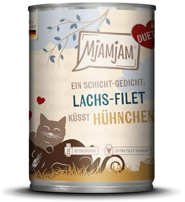 MjAMjAM - Premium Nassfutter für Katzen - Duett – Lachs-Filet küsst Hühnchen, 1er Pack (1x390g), getreidefrei