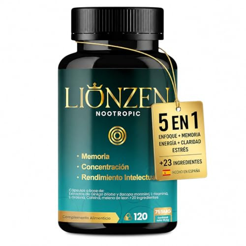 Nootrópico Focus, Memoria y Concentración | Cápsulas para Estudiar 5 en 1 | L-Teanina, Cafeína, Bacopa, Ginkgo Biloba, Melena de León, L-Tirosina, Ashwagandha | 120 Cápsulas | LIONZEN NOOTROPIC