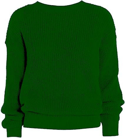 FASHIONISM Pull ample à manches longues en résille pour femme - Col rond - Coupe ample - Pour l'hiver, vert bouteille, 36-38