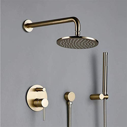 WYUYIW Regendusche, wandmontiertes Duscharmatur-Set für Badezimmer mit rundem Regenduschkopf und Handbrause-Set, gebürstetes Gold (A 8 Zoll)