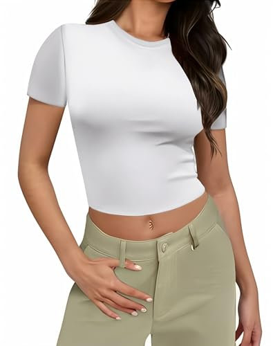 Weardear Damen T-Shirt Atmungsaktiv Crop Top Kurzarm Shirt Workout Tops Slim Fit Funktionsshirt Elastisch Tennis Sportshirt Fitness Kurz Laufshirt Weiß M