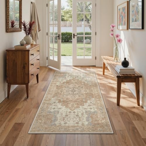 GENIMO Waschbarer Vintage Teppich Sandbeige fürs Wohnzimmer, 80x150 cm