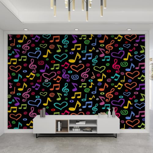 YEMYOR Colorful Music Symbol Mural, Heart-Shaped Melody Wall Paper, Note Background Silk Murals, Wall Paintings, for Living Room Bedroom-450x300cm