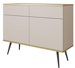 DomoHome Kommode KSZ-107 Kommode Mit Schubladen 107 cm – Moderne Beige Hochglanz Anrichte Mit Push-to-Open, Metallfüße 23 cm, Laminierte Platte 16 mm Kratzfeste Platte