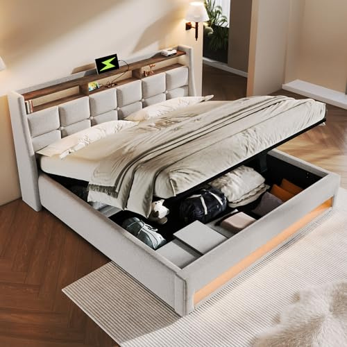 Fppuueg Cama Matrimonio 180x200 con Almacenaje Hidráulica, Camas Matrimoniales con Cabecero LED y Puerto USB, Cama Tapizada con Estructura de Láminas de Madera, Lino, Beige, Sin Colchón