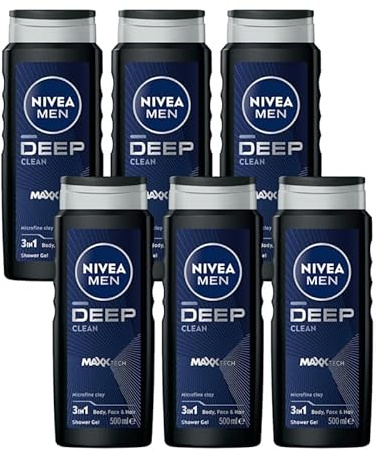 NIVEA MEN Deep Clean Duschgel Set 6 Duschgel 3-in-1 für Körper, Gesicht und Haar mit Microfine Clay, 500 ml