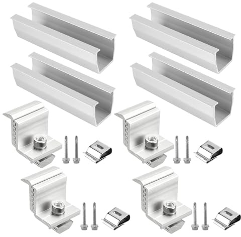 HEIYUET 4er Set Solarmodul Halterung Kit, Solar Befestigung 12cm Alu Schiene mit Verstellbaren Klemmen 30-45mm, PV Montageset für Flachdach Trapezdach Blechdach