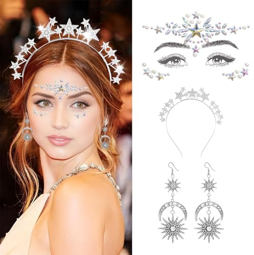 Karneval Faschingsfeier Haarreif,Sterne Stern Mond Stirnband Geburtstagsfeier Haarband,Glitzer Haarschmuck Strasssteine Gesichtstattoo Für Halloween, Cosplay Maskerade Geburtstag Kostümparty