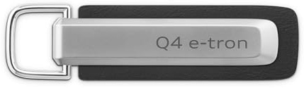 Audi 3182501100 Schlüsselanhänger Metall Leder Anhänger Schlüsselring Keyring Gravur, mit Q4 e-tron Schriftzug und Audi Ringe Logo, silber/schwarz