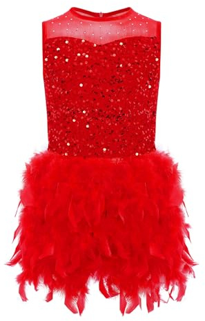inlzdz Kids Girls Sequin Ballet Leotards Sleeveless Mesh Feather Skirt Tutu Dress Dance Ballerina Outfits