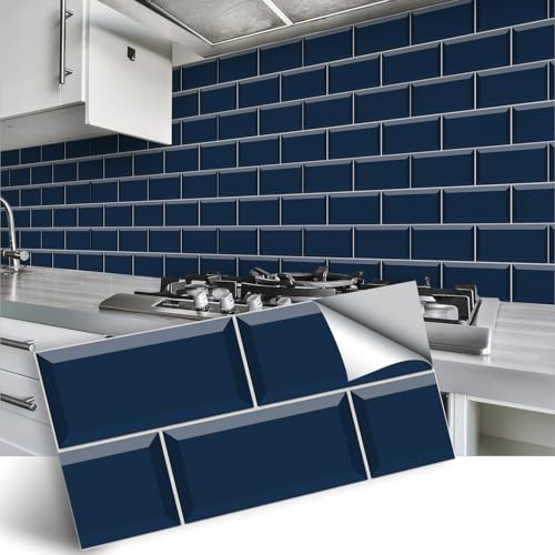 funlife 27Pcs Blue Tile Stickers Peel and Stick Self-Adhesive Vinyl Splashback Kitchen Decor Navy Blue, 30X15cm