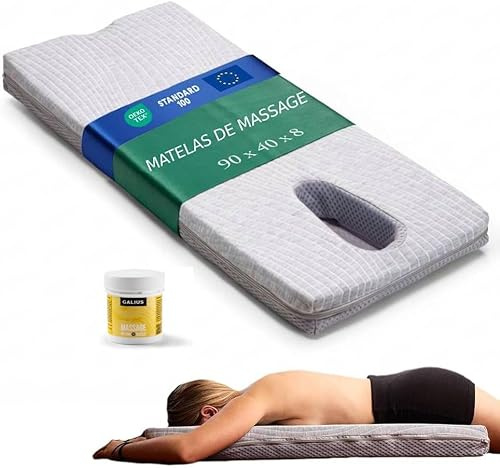 Camporan Massagekissen für Nacken, Rücken und Lendenwirbelsäule mit ergonomischer Gesichtsaussparung – bequem in Bauchlage atmen – Fester Schaumstoff, waschbarer Bezug – INKL. Massageöl 100 ml