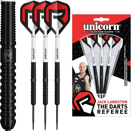 Unicorn Jack Langston 90% Tungsten Barrels mit schwarzer PVD-Beschichtung | Steeltip Darts Set | The Darts Schiedsrichter | Langlebige atemberaubende Ultrafly Flights | Noir Black Volute Points | 22