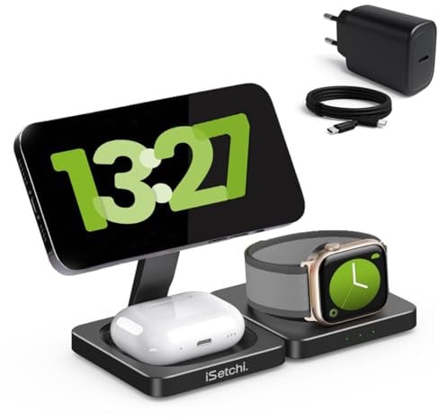 iSetchi 3-in-1 Power Base – Kabelloses Ladegerät 15 W – Faltbar & Leicht – Qi Ladestation – Inklusive Kabel – Kompatibel mit Smartphone, Smartwatch & Ohrhörer