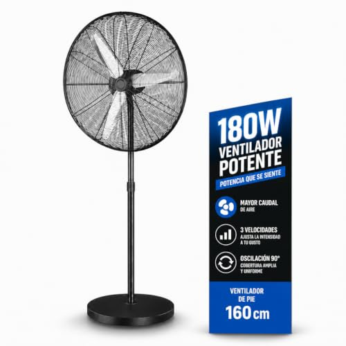 Ventilador de Pie Industrial 180W – 65 cm diametro, 3 Aspas Aluminio, 3 Velocidades, Oscilante y Orientable, Altura Regulable 128–163 cm, Base Pesada Antivuelco, Fijo y Rotatorio, Negro/Plata (180 W)