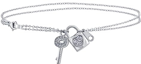 Bling Jewelry CZ Accent Heart Dangle Charm Lock & Key Anklet Double Chain Ankle Bracelet For Women .925 Sterling Silver Adjustable 9 To 10 Inch With Extender