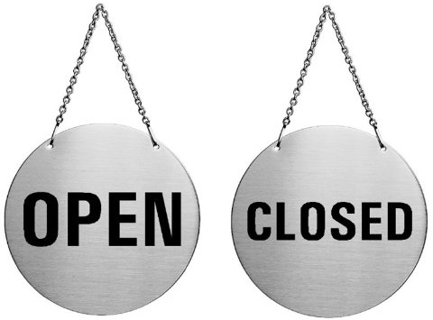 Wendeschild OPEN/CLOSED 13 cm mit Kette rund Edelstahl gebürstet matt glänzend als Hinweisschild