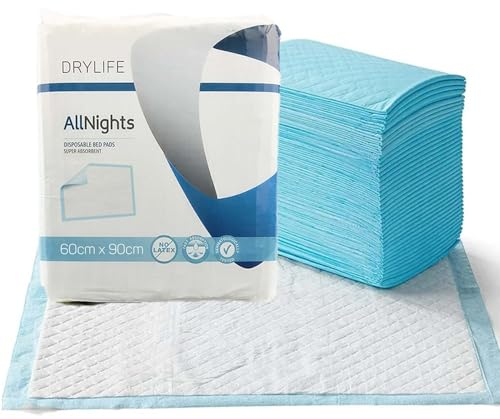 Drylife All Nights Einweg-Inkontinenz-Betteinlagen, Schnelle Absorption, Geruchskontrolle, Weich, Bequem, Stark und Sicher, Geeignet für Alle Altersgruppen - 60cm x 90cm (20 Stück)