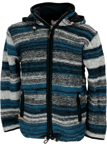 GURU SHOP Kuschelige gefütterte Strickjacke aus Schafwolle, Unisex | Fleece gefüttert, abnehmbare Kapuze, geräumige Taschen, fair gehandelt in Nepal