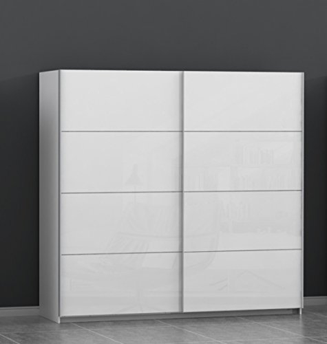 FORTE Starlet Plus Schrank 220, Kleiderschrank, Schwebetürenschrank Schlafzimmer 2-türig mit Einlegeböden und Kleiderstange, Weiß/Weiß Hochglanz, 220 cm breit x 210 cm hoch x 61 cm tief
