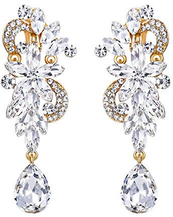 Clearine Damen Ohrclips Böhmisch Kristall Blume Hochzeit Braut Tropfen Lang Screw Clip-On Ohrclip Ohrringe Klar Gold-Ton