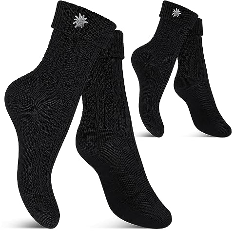 Celodoro Damen und Herren Trachten Socken (2 Paar) mit Edelweiß-Pin Oktoberfest Strümpfe - Schwarz 43-46