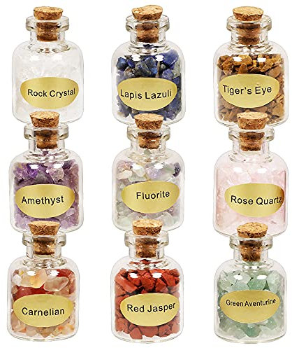 mookaitedecor 9pcs Mini Glass Wishing Bottles Tumbled Gemstone Crystal Chips Healing Reiki Stones Set