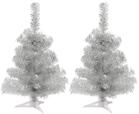 Harbour Housewares 2ft Christmas Trees - 58cm / 2ft - Silver - Pack of 2 - Indoor Desktop Small Xmas Tree Pine Artificial Christmas Tree with Stand Mini Tabletop Holiday Seasonal Decoration
